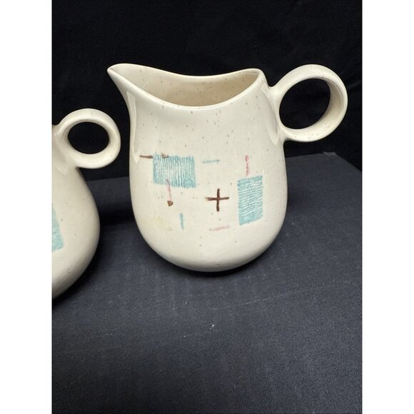 Heavenly Days Vernon Ware Cream & Sugar Set With Turquoise Lid VTG 1955-1965 USA - Picture 3 of 9